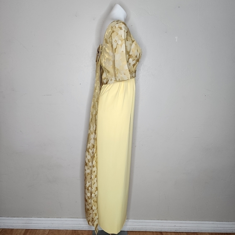 Stunning Vintage Yellow and Gold Brocade and Crepe Maxi Dress With Train - Picture 7 of 17